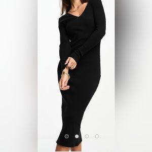 Naked Wardrobe Black Long Sleeve V Neck Tapered Slinky Bodycon Maxi Dress size S